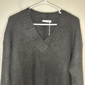 BLUETIME NEW Wool Blend V-Neck Sweater Womens XL Knit Soft Black Ribbed Cuff